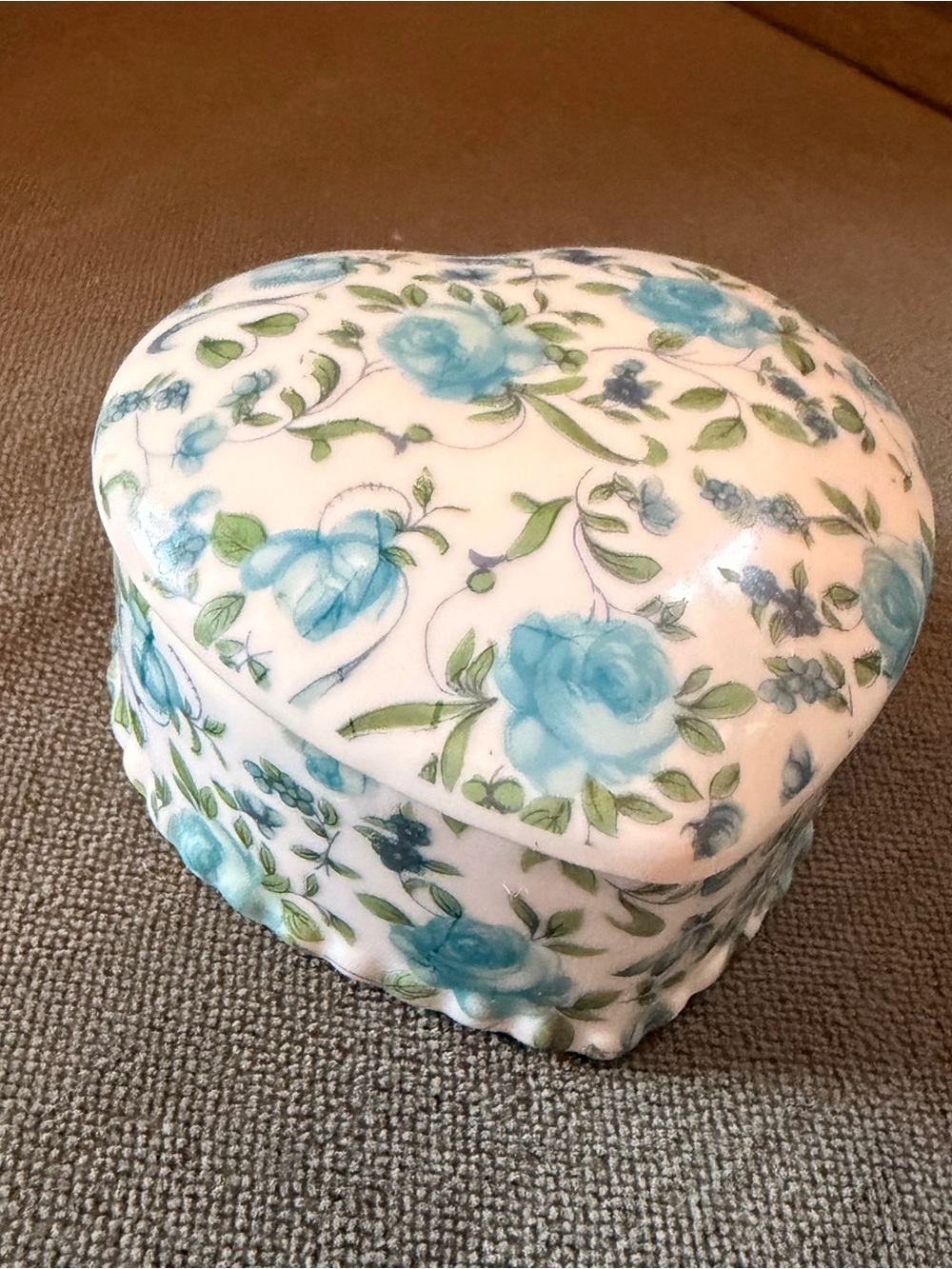 Heart-Shaped Blue Floral Porcelain Trinket Box